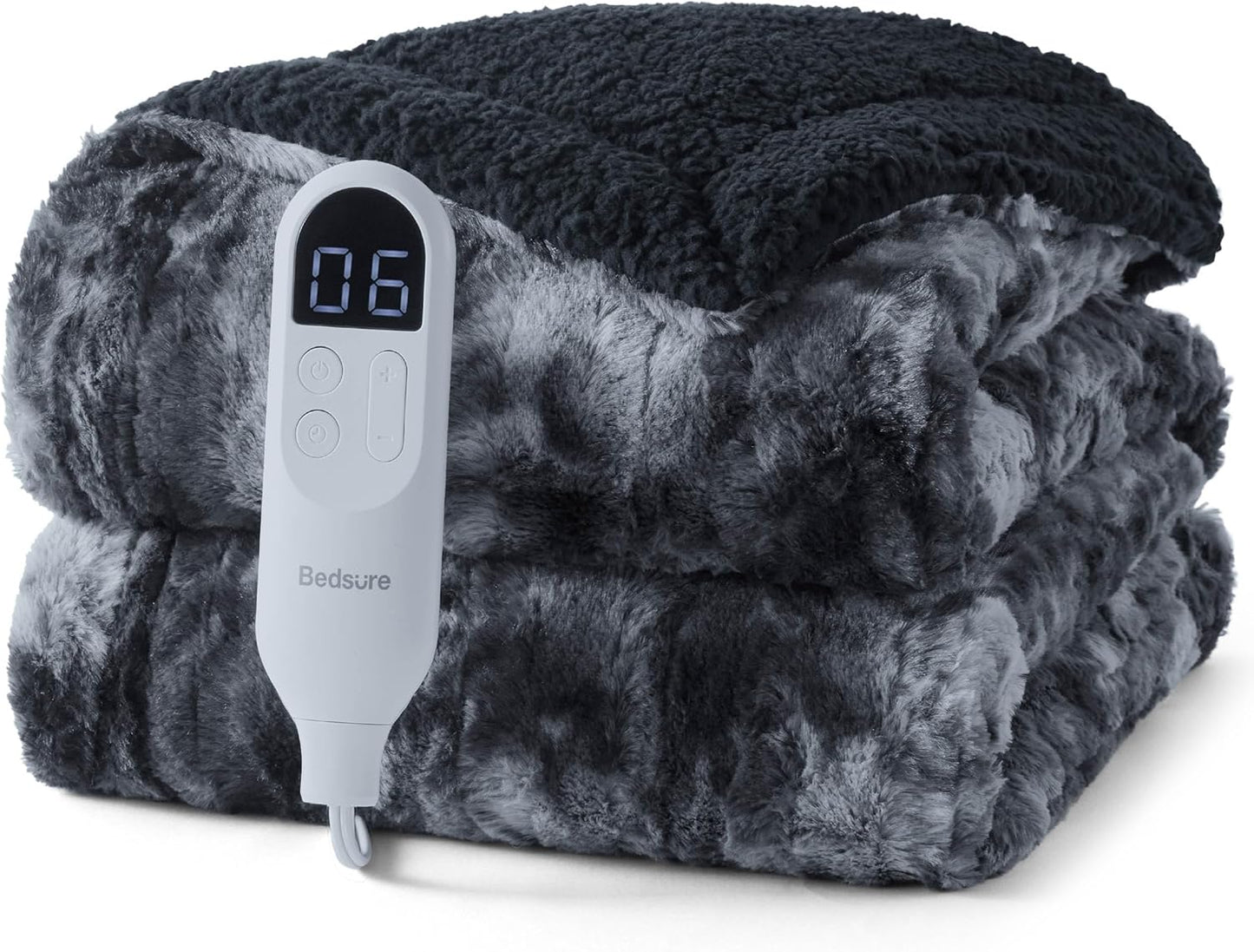 Bedsure Faux Fur Heated Blanket Throw Blanket, Fast Heating Electric Blanket with 6 Heating Levels & 4 Time Settings, Cozy Gifts for Women Men (50x60 inches, Black)
