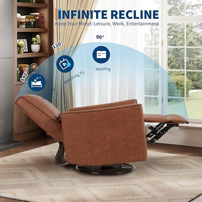 GarveeHome Recliner Chair, 360° Swivel Rocker Glider Nursery Chair with Padded Armrest and Deep Seat, PU Leather Upholstered Reclining Sofa Chair for Living Room, Bedroom and Nursery (Brown)