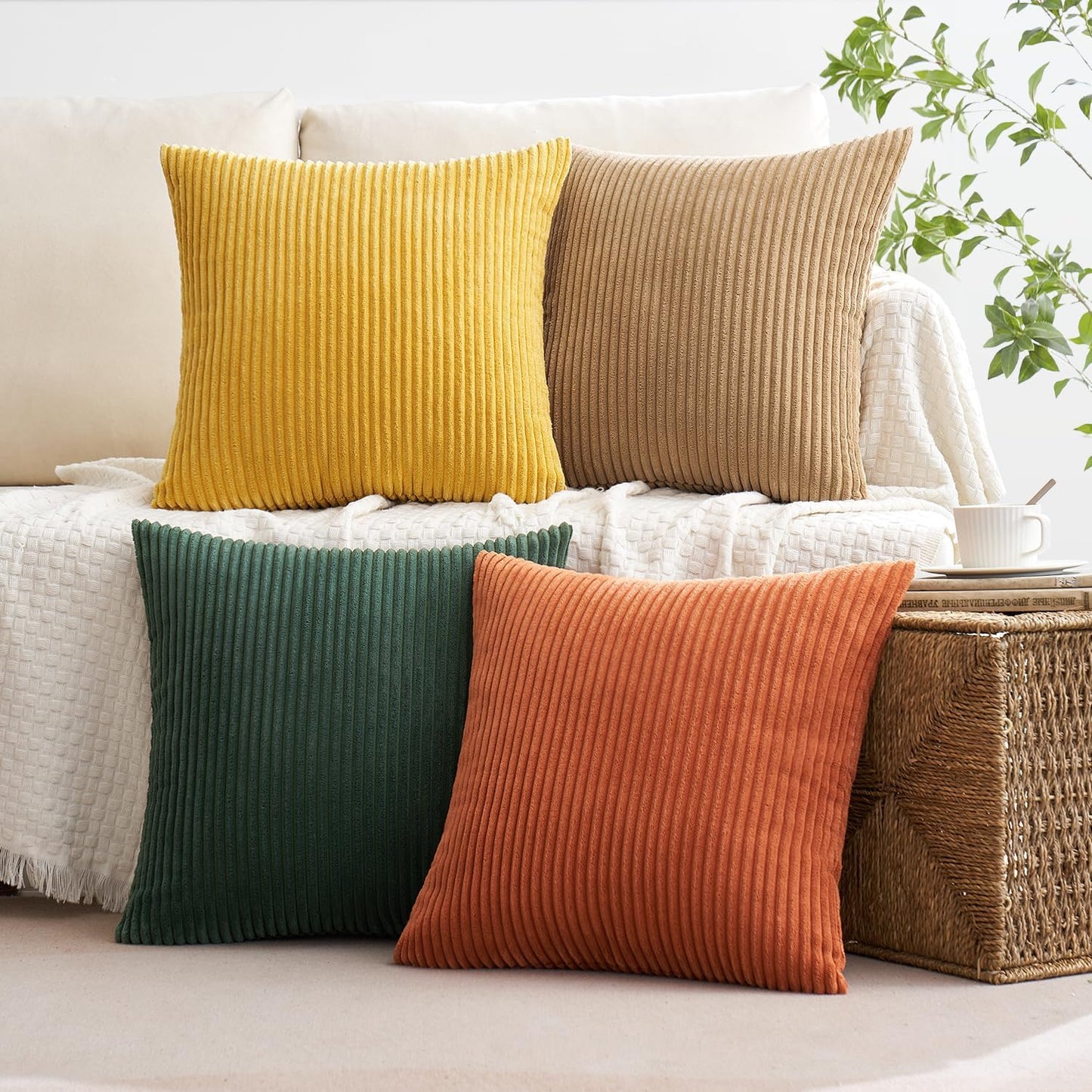 MIULEE Fall Pack of 4 Green-Rust Corduroy Decorative Throw Pillow Covers 18x18 Inch Soft Boho Striped Pillow Covers Modern Farmhouse Home Decor for Winter Sofa Living Room Couch Bed