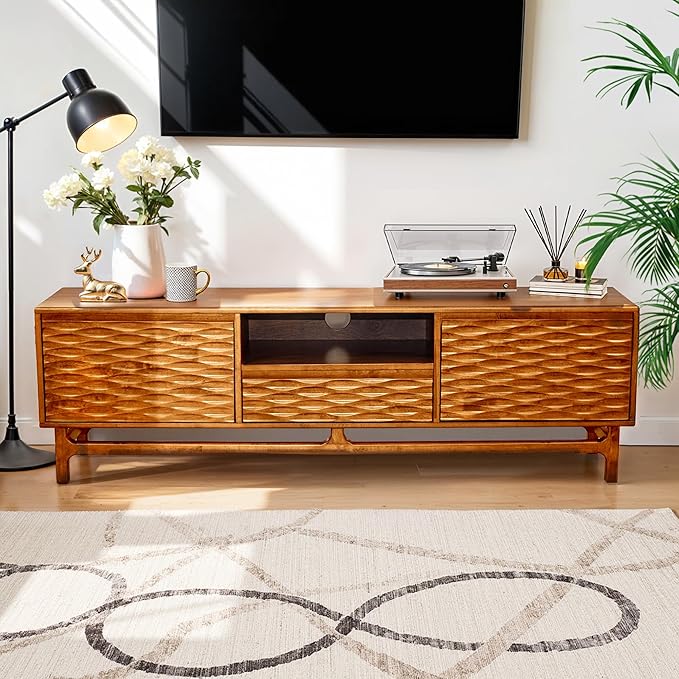 Acacia Elara Wood TV Stand for TVs up to 75+ Inch Entertainment Center with Storage Shelves and Cable Management, Mid Century Modern TV Media Console Wood TV Stands for Living Room Bedroom (Caramel)