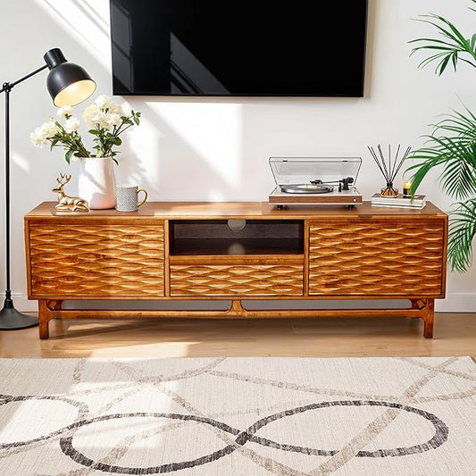 Acacia Elara Wood TV Stand for TVs up to 75+ Inch Entertainment Center with Storage Shelves and Cable Management, Mid Century Modern TV Media Console Wood TV Stands for Living Room Bedroom (Caramel)