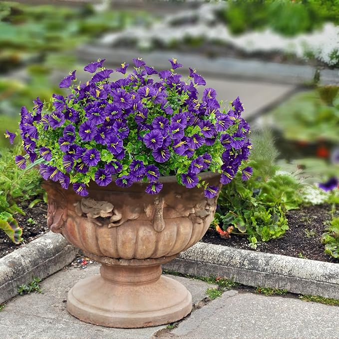 LikSoor 16 Bundles Artificial Flowers Outdoor Spring Summer Decoration Fake Silk Colorful Daisy Eucalyptus Realistic UV Outside Faux Plants for Garden Porch Window Box Home Decor Morning Glory Purple