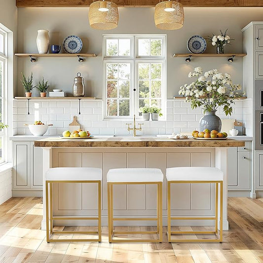 PHI VILLA Bar Stools Set of 3 - Thick Cushion Metal Steel Frame Base with Footrest Kitchen Stools, Gold Bar stools