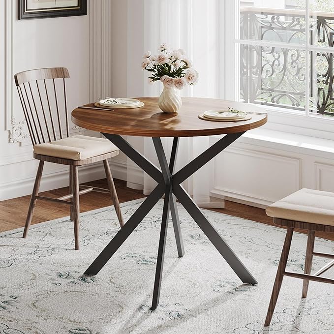 ChooChoo Round Dining Table for 2, Farmhouse Wood Kitchen Table, Circle Dinner Table for Kitchen & Dining Room, Small Space, 31.5In, Walnut