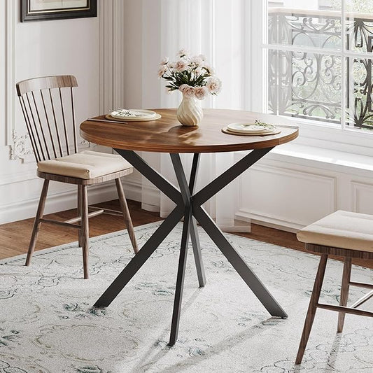 ChooChoo Round Dining Table for 2, Farmhouse Wood Kitchen Table, Circle Dinner Table for Kitchen & Dining Room, Small Space, 31.5In, Walnut