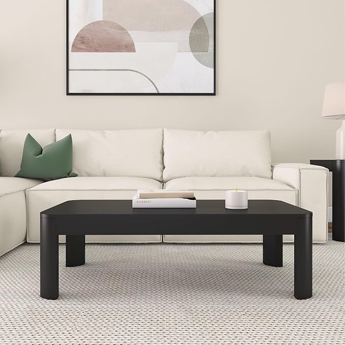 Plank+Beam Modern Rounded Coffee Table, 48 Inch, Solid Wood Contemporary Center Table for Living Room, Rectangle Tea Table, Black