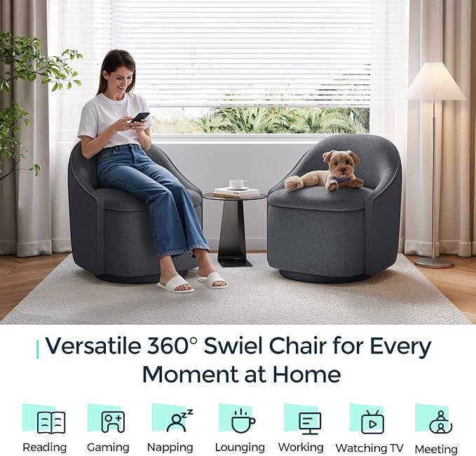 LINSY Swivel Accent Chair with Storage Comfy Chenille Barrel Chairs, Small 360 Swivel Modern Armchair for Living Room Bedroom, Boucle Reading Chair for Study Room (Grey)