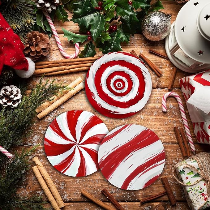 Christmas Drink Absorbent Coasters with Holder Set of 6, Ceramic Stone with Cork Base, Red and White Candy Cane Coaster for Drinks, Gift for Housewarming Room Bar Home Decor Kitchen