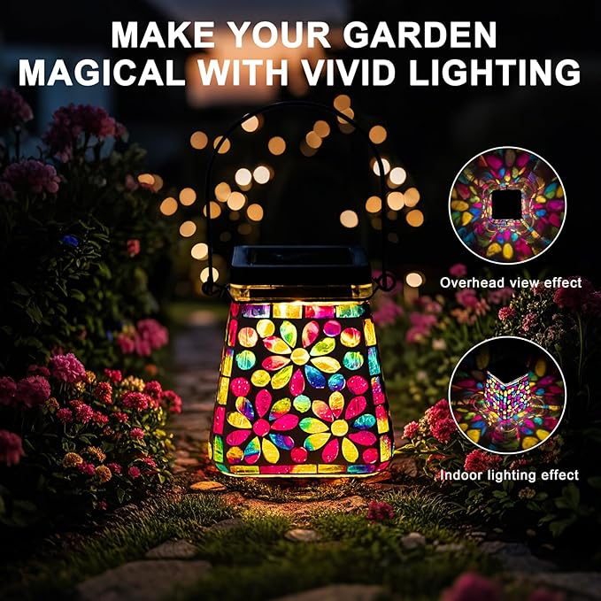 VOREEN Mosaic Solar Lanterns, Handmade Outdoor Glass Hanging Lights, Solar Table Lamps, IP44 Waterproof Lights, Deco for Garden, Patio, Yard, Party, Balcony, Gift for Mom Wife Friend, Colorful Flower