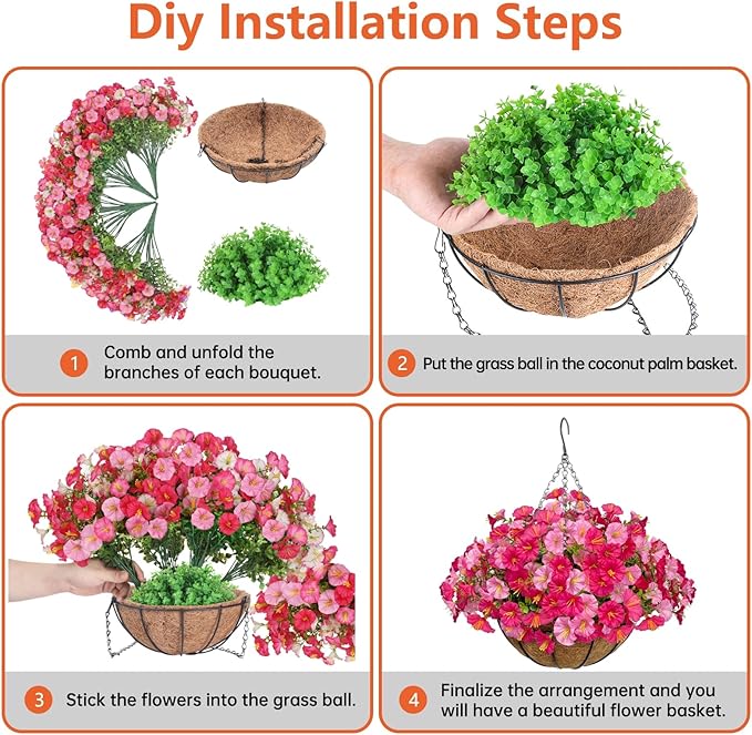 Artificial Hanging Faux Flowers Basket, Fake Silk Petunias Plants Arrangement,for Spring Summer Outdoor Decoration,UV Resistant, Morning Glorias,for Home Garden Decor (Dark&Light Pink)