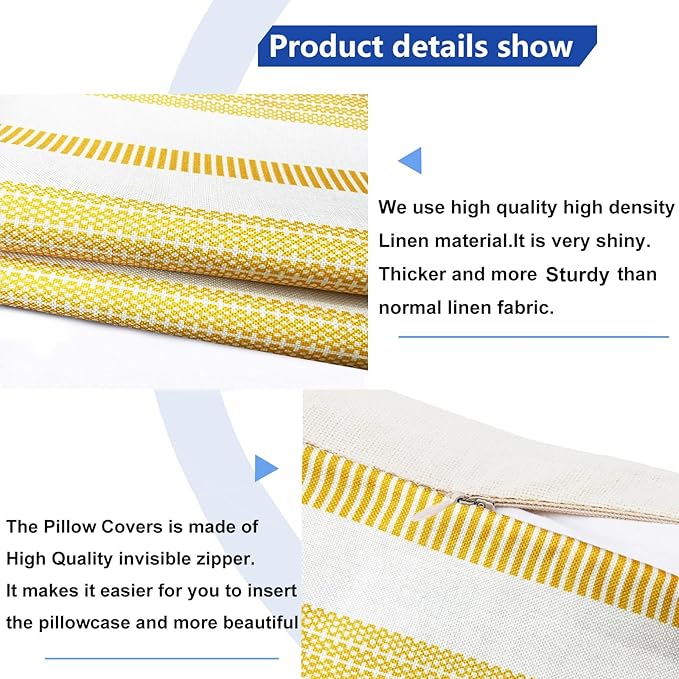Decorative Throw Pillow Covers Set of 2 Chrome Yellow Boho Striped Pillow Covers 18x18 Inch Throw Pillow Cover Linen Pillowcase Farmhouse Outdoor Pillow Covers for Couch Sofa Living Room