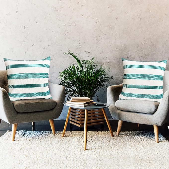Decorative Throw Pillow Covers Set of 2 Teal Blue Boho Striped Pillow Covers 16x16 Inch Throw Pillow Cover Linen Pillowcase Farmhouse Outdoor Pillow Covers for Couch Sofa Bed Living Room