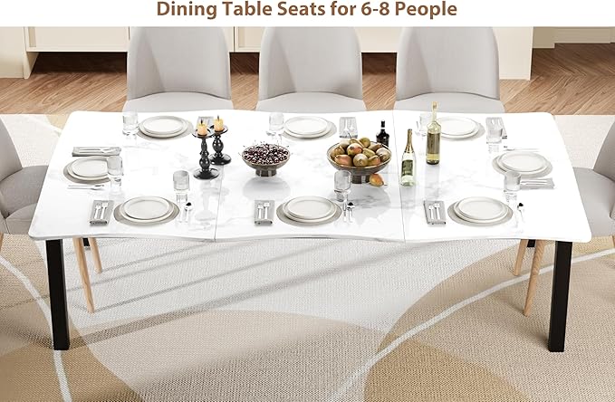 78.7”Dining Table with Wave Irregular Edge, 15mm Thick MDF Top & Metal Frame, for Kitchen, Quick Assembly, Wooden Kitchen Table for 6-8, Waterproof Scratch-Resistant, Marble