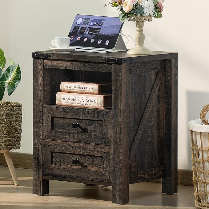 Nightstands Set of 2 with Charging Station, Farmhouse Night Stand with 2 Drawers and Shelf Storage, Wooden Side End Table, Bedside Cabinet for Bedroom, Living Room, Closet,Office (Dark Drey)