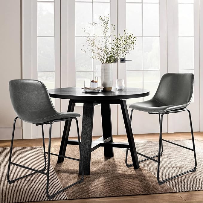 Rfiver Pu Faux Leather Bar Stools Set of 2, Industrial Pub Barstools with Back and Footrest, Modern Armless Bar Height Stool Chairs (Grey, 24" Counter Chair x2)