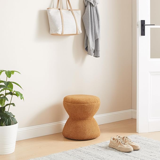 VANOMi Multi-Functional Boucle Ottoman, Vanity Stool Chair, Sturdy Wooden Footstool, Suitable for Living Room, Bedroom, and Entryway, Without Installation, Curry