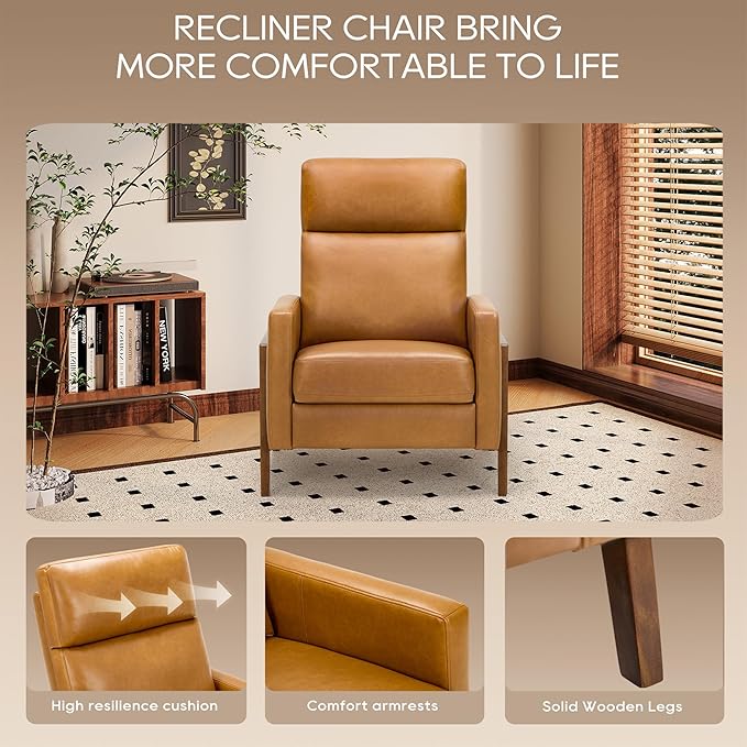 COLAMY Push Back Recliner Chair Set of 2, Upholstered Leather Recliner with Footrest 105-135 Degree Adjustable, Comfy Modern Wingback Recliner for Living Room, Bedroom,Small Spaces, Camel