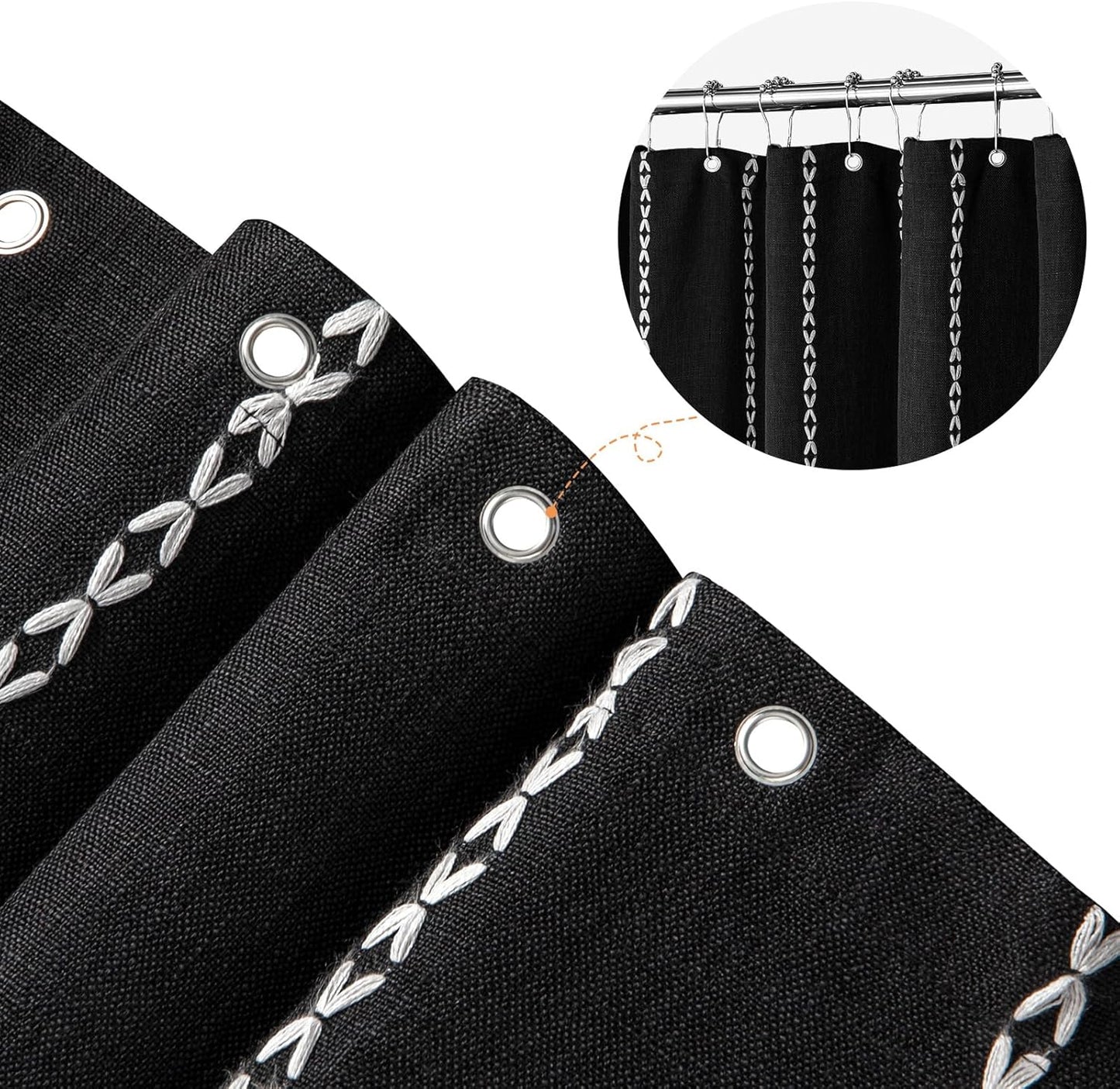 MitoVilla Boho Long Shower Curtain 72 x 78, Black Farmhouse 78 inch Long Polyester Linen Fabric Shower Curtains with Tassel for Chic Cottagecore French Rustic Bathroom Decor