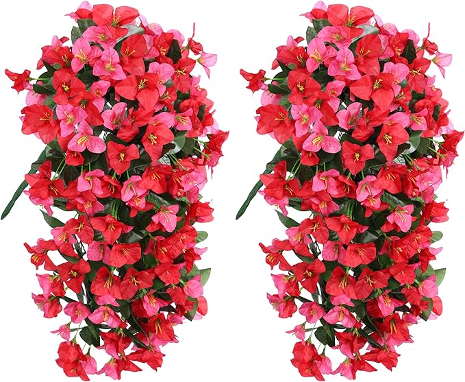 Bougainvillea Artificial Hanging Flowers Plants for Outdoors Decoration, 2pcs Fake Flowers Silk Bougainvillea Vines Realistic UV Resistant Faux Flowers for Outdoor Planters Porch Patio, Mix