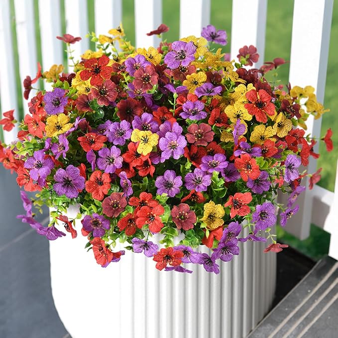 Artificial Flowers Faux Plants Outdoor Fake Flowers Spring Decor,12 Bundles Outdoor Flower Plastic Plant Colorful Daisy UV Resistant for Porch Patio Yard Garden Pot Planters