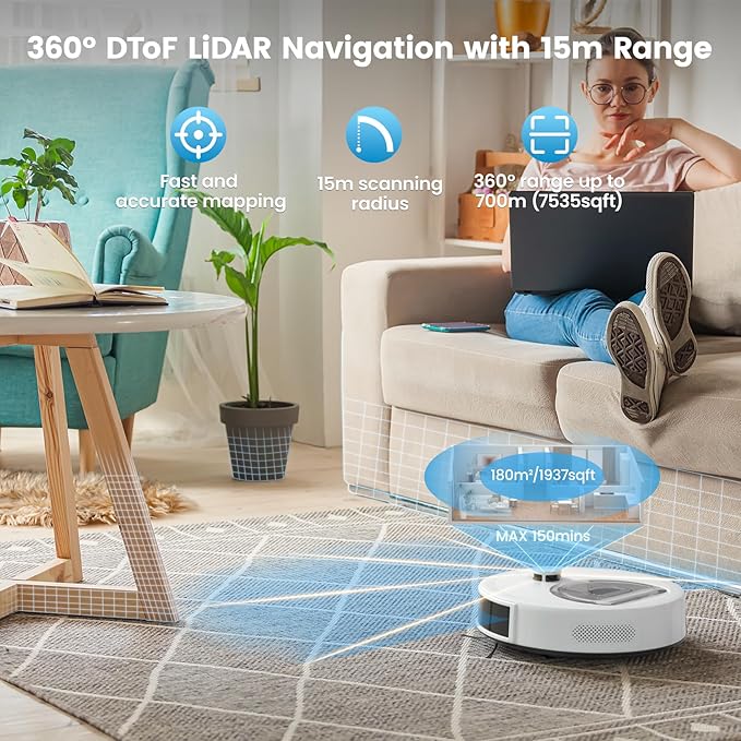 OKP LiDAR Robot Vacuum and Mop, 450ml Visible Dustbin, Upgraded 190° PSD Obstacle Avoidance, Customized Cleaning, Multi-Floor Mapping, 150 Mins Runtime, WiFi/Alexa/APP, Pet Hair & Carpets, White