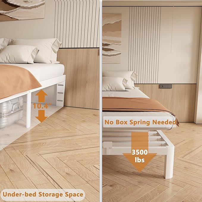 12 Inch King Size Bed Frame with Metal Gaskets, Anti-Slip Mattress Stopper, Platform Bed Frame No Box Spring Needed, Heavy Duty Steel Slat Support, Easy Assembly, White