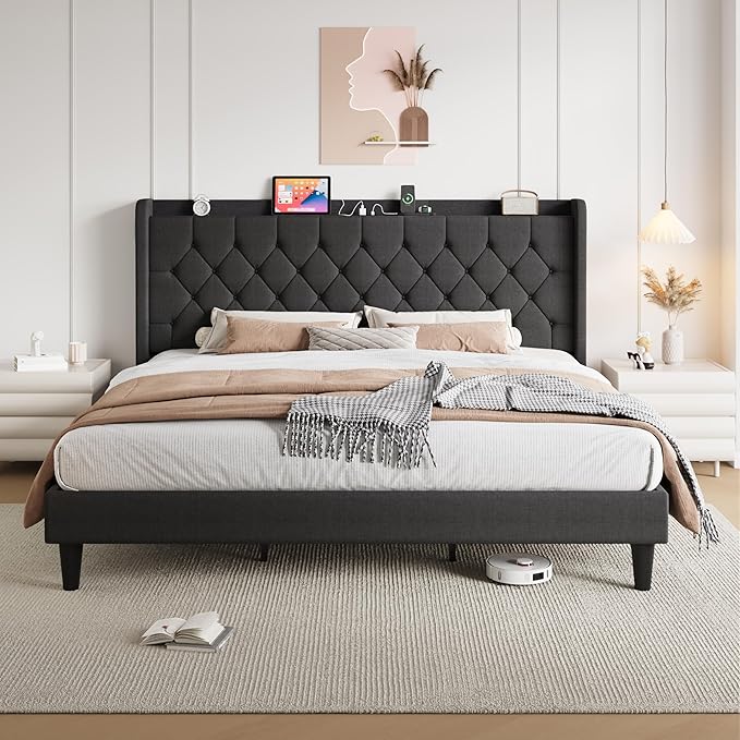 SHA CERLIN King Size Platform Bed Frame with Charging Station, Velvet Wingback Headboard with Storage Shelf, Wooden Slats Support, Ample Under-Bed Space, No Box Spring Needed, Easy Assembly, Dark Grey