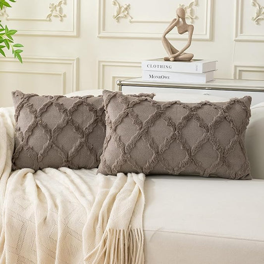 Set of 2 Soft Moroccan Throw Pillow Covers 12x20 Inch Plush Boho Decorative Pillow Cover Accent Cushion Case for Couch Sofa Bed, Deep Grey