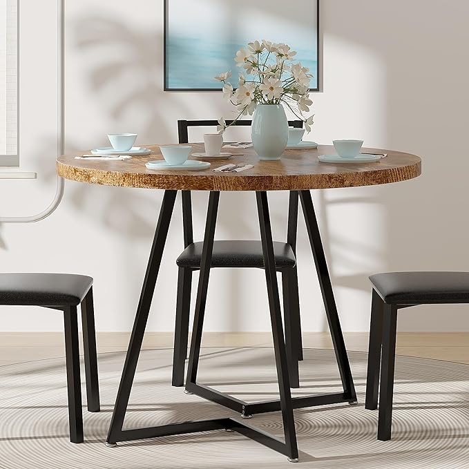 VECELO 35" Round Dining Table for 4, Wood-Grain Tabletop & Heavy-Duty Steel Frame, for Kitchen, Living Room, Easy Assembly, Antique Brown