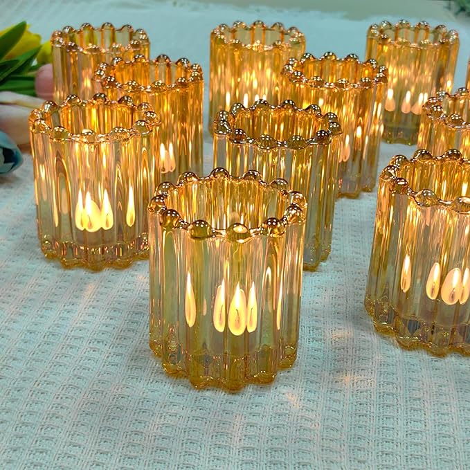 GOLDEAL 12Pcs Gold Glass Votive Candle Holders Tealight Holders Decorative, Tea Candle Holders Bulk,Candlestick for Wedding, Party,Dinner, Home Table Decor.
