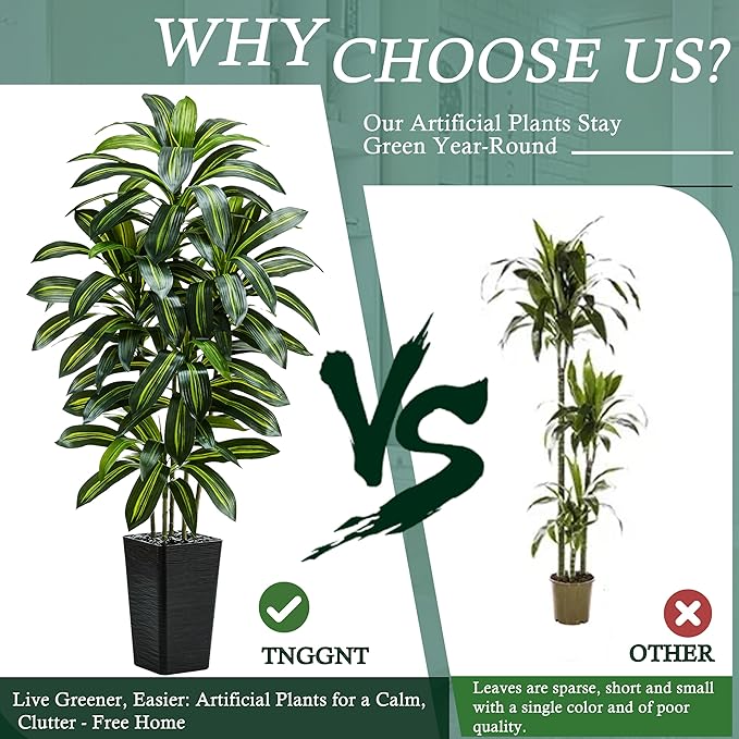 Artificial Dracaena Tree：6FT Faux Silk Tropical Yucca Floor Trees Realistic Fake Green Plant with Natural Wood Trunk & Lifelike Leaves for Home Office Decor Indoor & Outdoor (6FT,1-Pack,Black)