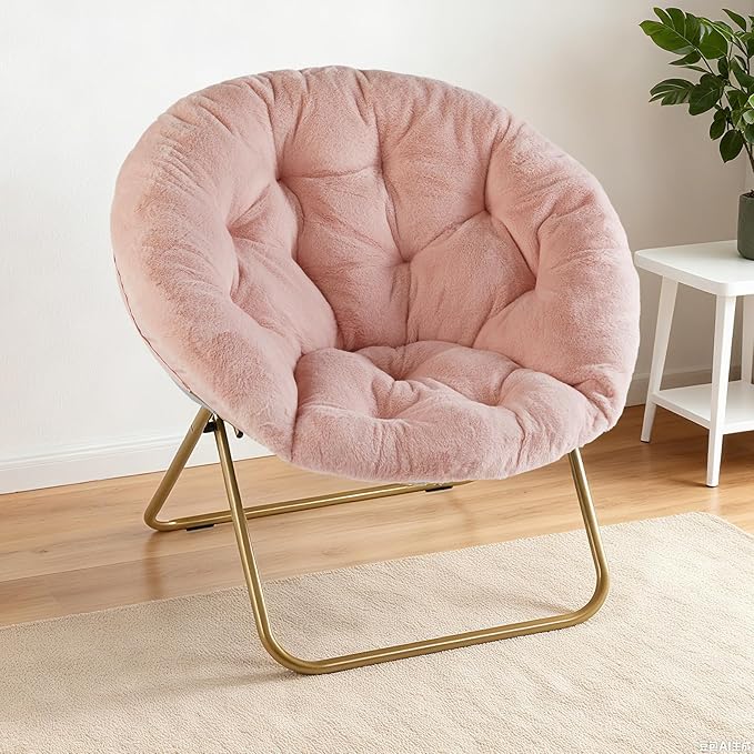 NEWBULIG Comfy Saucer Chairs Soft Lounge Cute Folding Bedroom Living Room Seat Flexible Reading Foldable Seating for Adults Thick Padded Metal Frame Modern for Home Office Pink