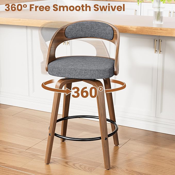 Swivel Bar Stools Set of 4, 26" Upholstered Linen Fabric Barstools with Bentwood Legs, Mid Century Modern Counter Height Bar Stools with Back for Kitchen Island, Dining Room, Grey
