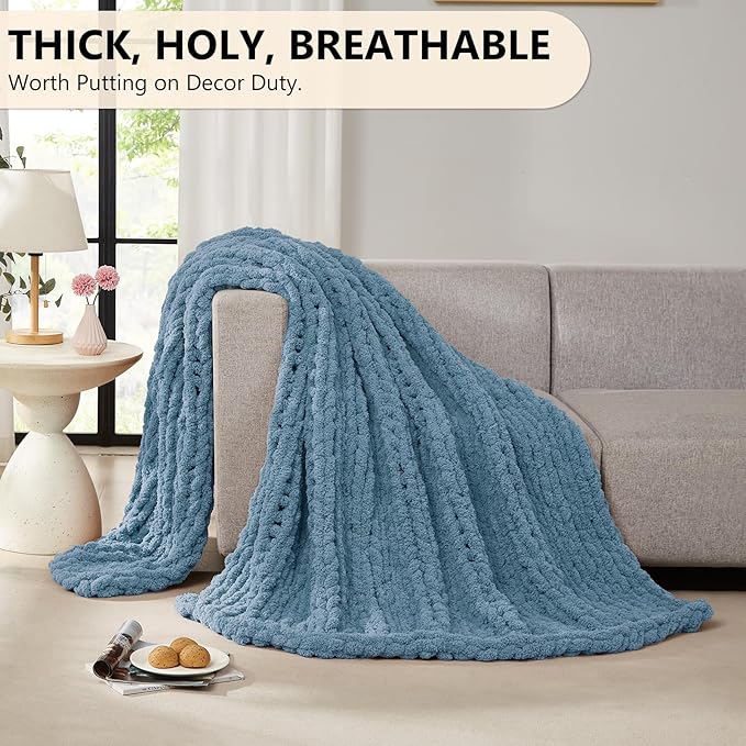 L'AGRATY Chunky Knit Blanket Throw: 72''x84'' Chenille Chunky Knitted Throw Blankets for Bed Couch - Handmade Thick Big Cable Knit Blanket - Large Crochet Rope Blankets for Home Decor(Airy Blue)