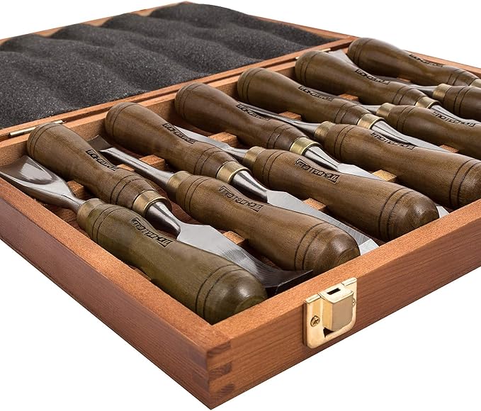 12-Pieces Woodworking Wood Carving Tools Chisel Set with Wooden Box, Razor Sharp CR-V 60 Steel Blades