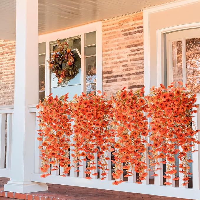 Artificial Fall Flowers for Outdoor, 4 Pcs Faux Pansy Fake Mums Plant Hanging Flowers Outdoor Fall Decor, UV Resistant No Fade Silk Flower for Front Door Porch Planter Patio Yard Garden(Orange)