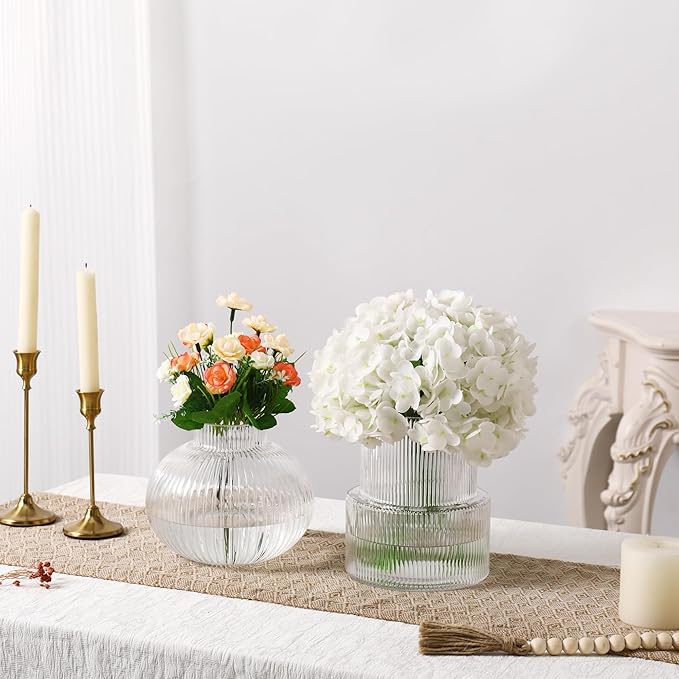 Ribbed Glass Vases, Set of 2 Fluted Vases for Flowers, Clear Glass Vase for Tulips, Modern Vase for Living Room, Kitchen, Office, Entryway, Mantle, Bookshelf, Wedding Gifts, Birthday