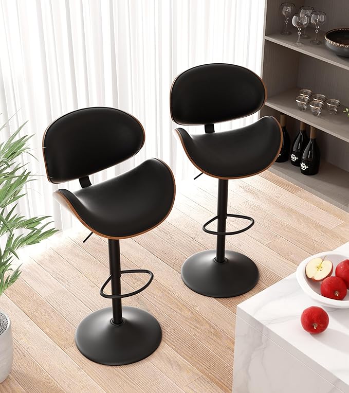 Swivel Bar Stools Set of 4, Seat Adjustable Height 23.5-32.5IN Bentwood Barstools with Back & Footrest, PU Leather Upholstered Counter Height Bar Chairs for Bar Kitchen Dining Room, Black