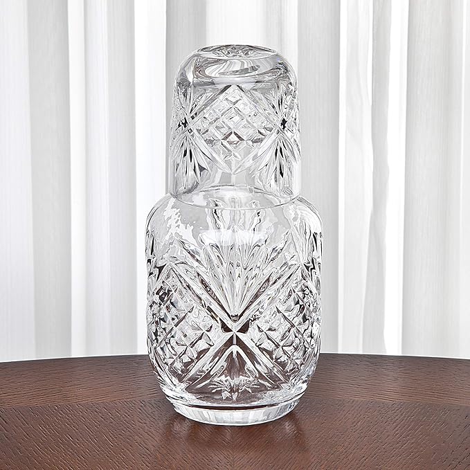 Crystal Bedside Night Carafe Pitcher and Water Glass Tumbler Set, Bedroom Nightstand Water Pitcher and Cup Set
