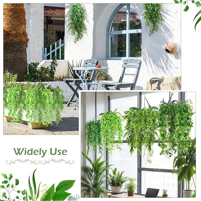Hoteam 12 Pcs Artificial Hanging Plants 32 Inch Fake Ivy Vines with Fake Leaves Patio Artificial Plants Greenery for Living Room Indoor Outdoor Wall, No Basket (6 Style Mixed)