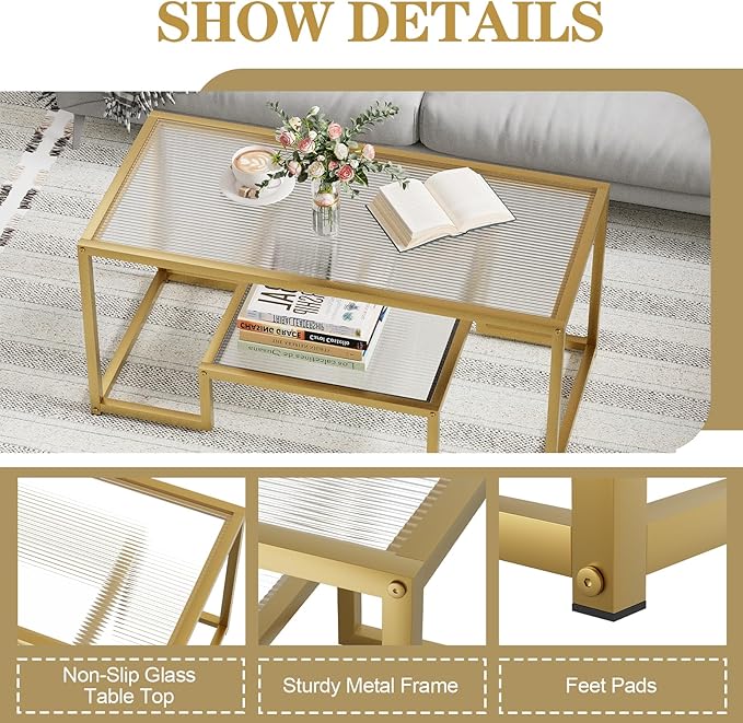 Coffee Table Gold Glass Coffee Table for Living Room,2 Tiers Rectangle Center Table with Ribbed Glass Top and Sturdy Metal Frame,Modern Glass Accent Table for Bedroom Home Office