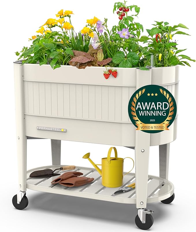 Permasteel Raised Garden Bed with Legs, 40×20×37 in, Planter Box with EnGrow™ TrueSoil™ Technology for Vegetables, Flowers, Herbs, and Fruit, Outdoor Indoor, Storage Shelf, Ivory