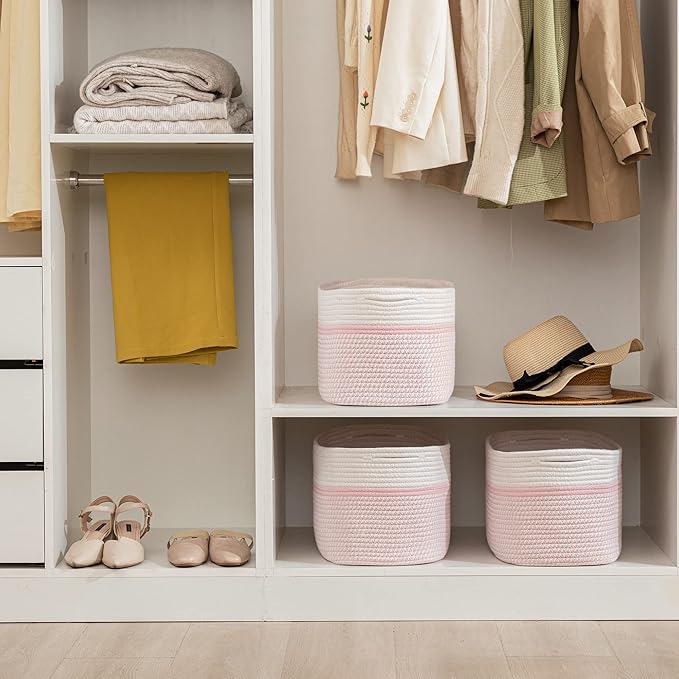 UBBCARE 3-Pack Woven Rope Shelf Baskets - 15x10x9in Decorative Storage Basket for Toys, Kids Playroom, Closet Organization & Cube Storage Organizer | Gift Basket Empty, Off White/Mixed Pink