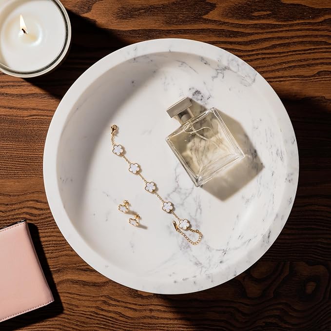 Cork & Mill Marble Decorative Bowl for Home Decor - Handcrafted Natural Stone with Acacia Wood Pedestal - Versatile 11" Catch All for Entryway, Kitchen Fruit Bowl, Potpourri, Dining Table Centerpiece