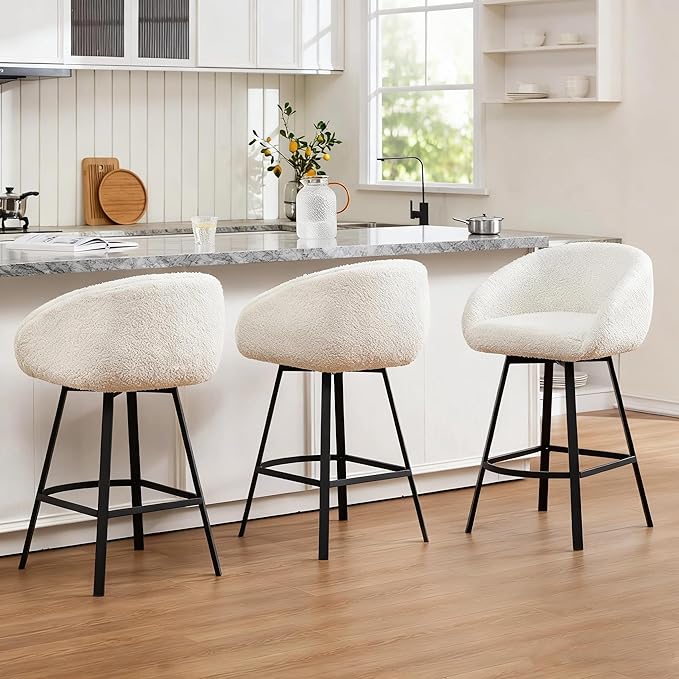 Zesthouse 26'' Modern Counter Height Bar Stools Set of 3, Swivel Barstools with Arms & Backs for Kitchen Counter, Upholstered White Sherpa Fabric Bar Stools, Kitchen Island Chairs with Metal Legs