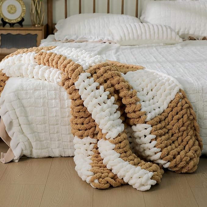 Tudomro Checkered Chunky Knit Throw Blanket for Couch 50 x 60 Inches Neutral Modern Decor 100% Hand Knitted Cozy Soft Large Rope Knot Crochet Blankets for Sofa Bed Living Room(Ivory and Brown)