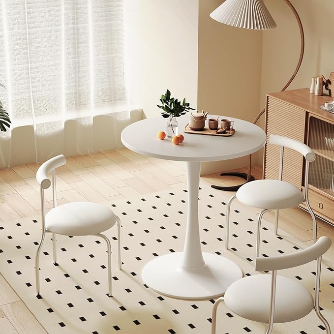 White Round Dining Table for 2 Person, 24 Inch Small Tulip Table with Metal Pedestal for Living Room, Mid Century Modern Kitchen Table for Kitchen, Office, Pub, Bar, Bistro, Circle Cafe Tables