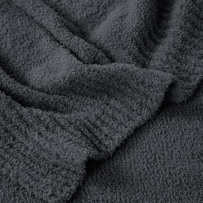 JOOJA Dark Grey Black Fuzzy Knitted Blanket, Soft Lightweight Plush Queen Size Blanket for Bed, Cozy Nights, Charcoal Grey, 90x90