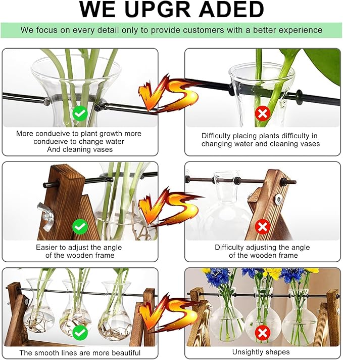YIBOT Propagation Stations,Plant Terrarium with Retro Wooden Stand, Unique Gardening Birthday Gifts for Women Plant Lovers, Hydroponics Plants Home Office Garden Decor - 3 Bulb Glass Vases