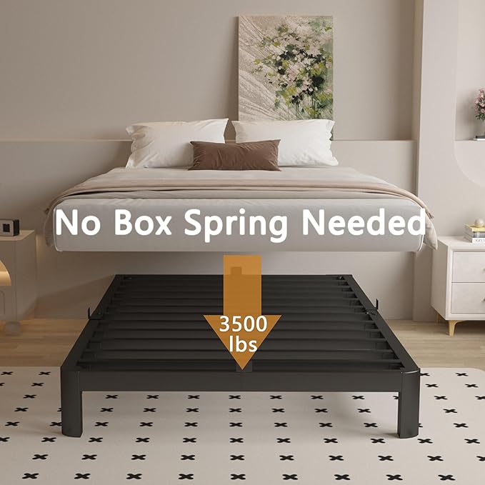King Size Bed Frame 4 Inch Black, Metal King Bed Frame with Baffles, No Box Spring Needed, Heavy Duty Steel Platform Support, Rounded Corner Legs, Reserved Holes, Noise Free, Easy Assembly